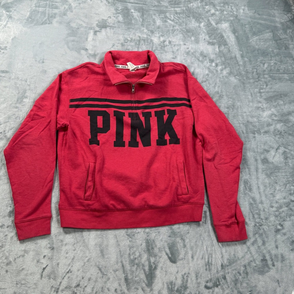 Victoria's Secret PINK Quarter Zip Sweatshirt Pink Black Logo Pullover Medium